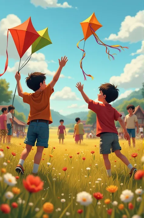 An open field in the village, bustling with activity. ren gather around as the two boys challenge each other—one holding a bunch of colorful kites, the other showing off a bundle of freshly collected flowers. A festive energy fills the scene, with a vibran...