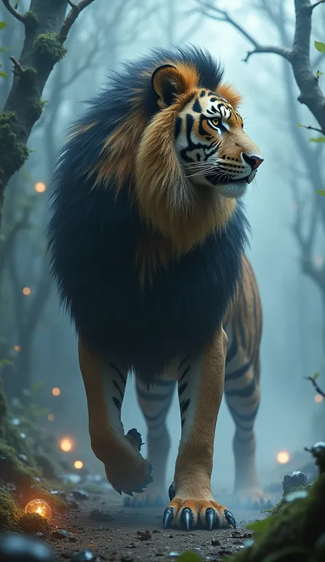 A hybrid image of a lion and a tiger and a crow.