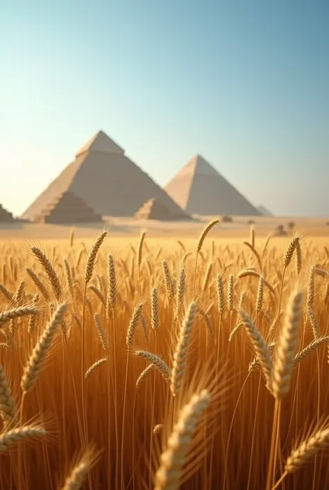 Create an ultra-realistic image of full and beautiful wheat ears. Pyramids can be seen in the background. Use a Sony Alpha 7 camera with a Sony EF 70-350 f/4.5-6.3 G OSS Telephoto lens.