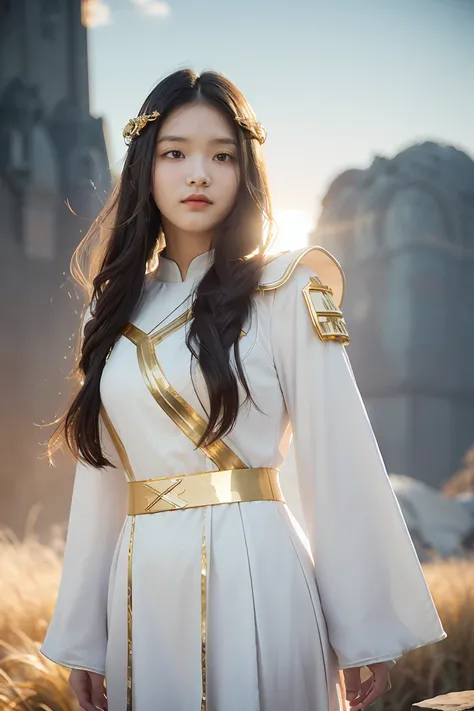 ((masterpiece, best quality, extremely detailed), volumetric lighting, ambient occlusion, colorful, glowing), 1girl, solo, young girl, (dark hair), long hair, halo, aura, sacred, goddess, cleric suit, (white outfit with gold detailst:1.3), armor, outdoors,...