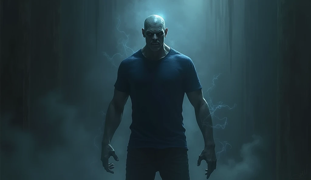 A spirit standing in the dark wearing a dark blue t shirt and black tight pants with a mean look on its face.