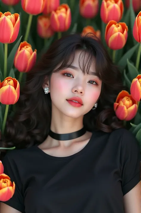 1 beautiful Korean chick , cute face, 18 years old, wearing a black t-shirt,  wearing a black choker necklace,  long hair Curly wears bangs,medium laying on tulips 