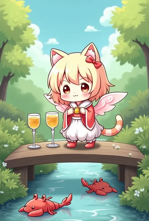 Chibi cartoon
Little kitten
with pale pink wings
PUT ON GODDESS COSTUME
In the mobile, 2 golden water glasses
Standing on a wooden bridge, there is a source of water, there are crayfish.
Japanese Anime Picture Style