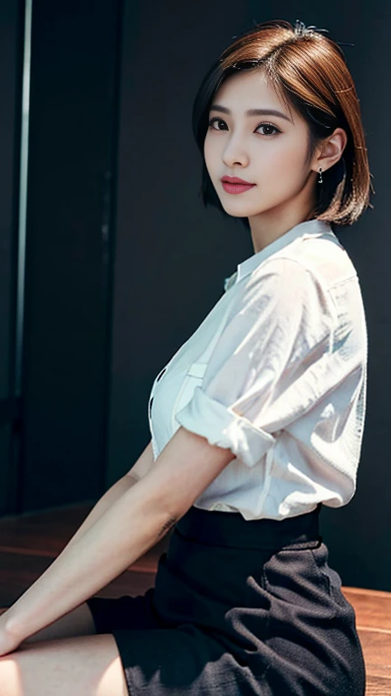 A youthful & stunning Japanese office lady, high-quality detailed portrait, 1girl, short bob hairstyle, short layered hair, beautiful  eyes, fair skin, cute sexy expression, confident professional pose, hourglass figure, ample round bosom, navy blue form-f...