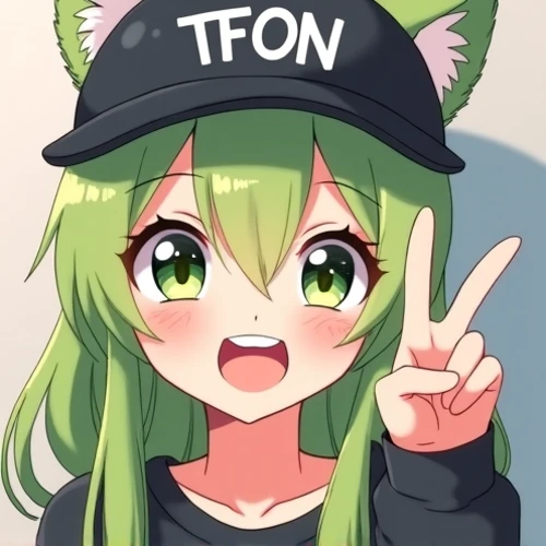  A girl with cat ears ,  green eyes and green hair ,  Long and straight ,  white skin ,  looking at the camera , With a smile,  as she places her hand showing the peace sign. She has black clothes ,  a sweatshirt and cap . 
And that the cap says TFON
Anime...