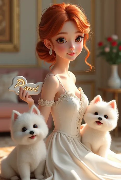 Beautiful redhead girl, brown eyes , demure and elegant white dress ,   accompanied by two small white dogs and a 3D sign with the name of "pearl" background of a beautiful room  