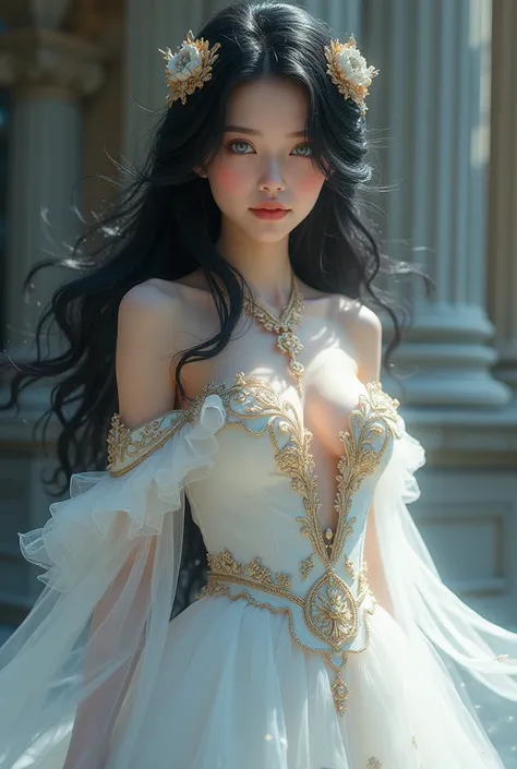   with light blue eyes , crystalline. pale skin.  black hair . A white princess dress that accents the bust ,  with gold details and the sleeve falling over the shoulders.