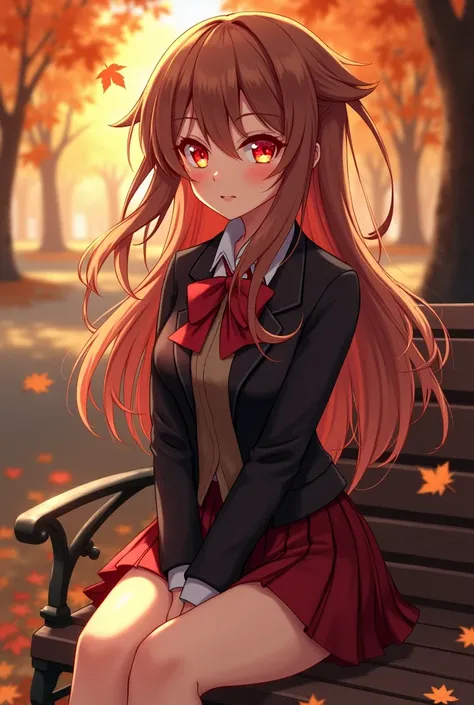 Anime babe  (  brown hair has a few strands of fiery red ,  red-eyed with yellow orange colors burning like fire , wearing a dark brown school uniform with a black jacket , wears a short red skirt ,  sitting on a park bench next to which there are brown fa...