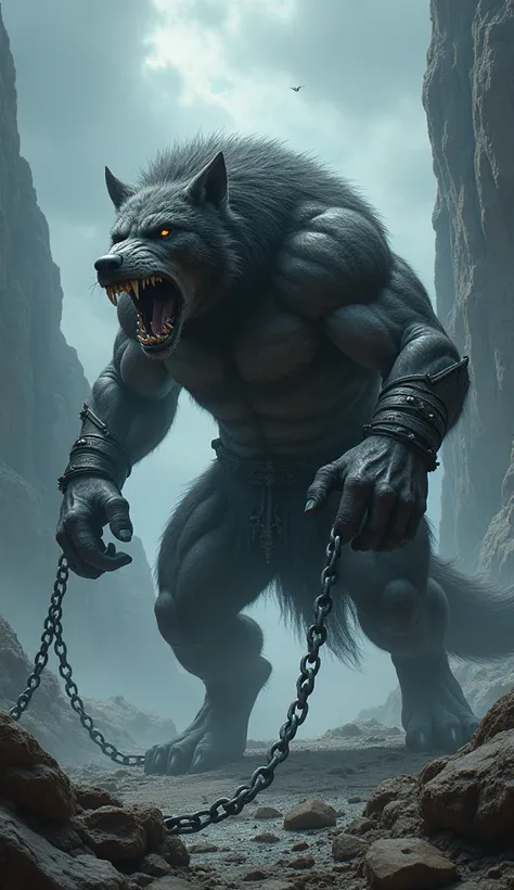 Fenrir the giant wolf breaking his chains hyper realistic illustration