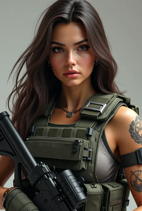 Photorealistic, high resolution, 1womanl, Solo, Special forces clothing，Special forces equipment，Special forces vest，Hips up, view the viewer, name "LOVELY", (Detailed face), long brown hair, submachine gun, Gun, jewelry, tattoo, 3d, realistic photo 


