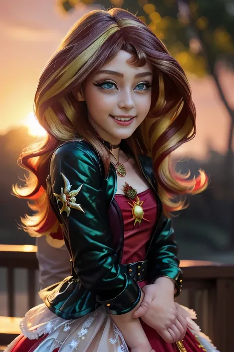 (Masterpiece, The best quality:1.2), only, 1girl , beautiful teenage girl europea , Caucasian , mlpshimmer, Nice smile , make-up  , looking at the viewer, small black jacket , sunset shimmer , mlp , 18 years , beautiful teenage girl , teen model , turquois...