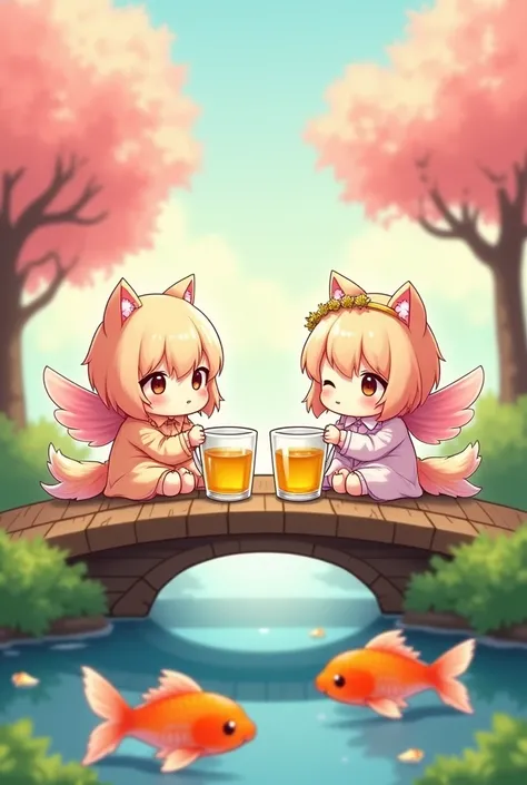 Chibi cartoon
Kitten Dolls
with pale pink wings
PUT ON GODDESS COSTUME
In the mobile, 2 golden water glasses
On a wooden bridge 
There is a water source
There are beautiful goldfish in the water
Japanese Anime Picture Style