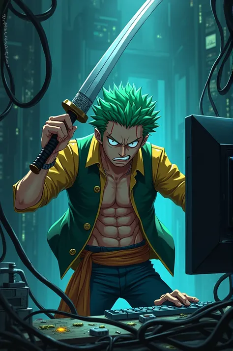 Zoro from One Piece as a hacker sticking one of his swords into the PC because the code failed 