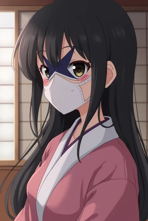 a close up of a person in a kimono outfit with a mask on, a picture by Jin Homura, pixiv, shin hanga, nezuko, nezuko-chan, akiyuki shinbou, hinata hyuga, tsukasa dokite, haruno sakura, sakura haruno in slug sage mode, mitsumayo, shirabii