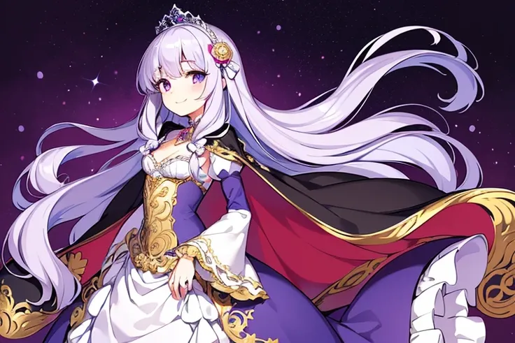 (solo), kawaii, masterpiece, best quality, rococo style gown, (long train dark purple cape:1.15), (long train white ball gown:1.1), (long train skirt:1.1), gown with flower decorations, a princess is wearing a long cape over her gown, 1 little princess, ti...