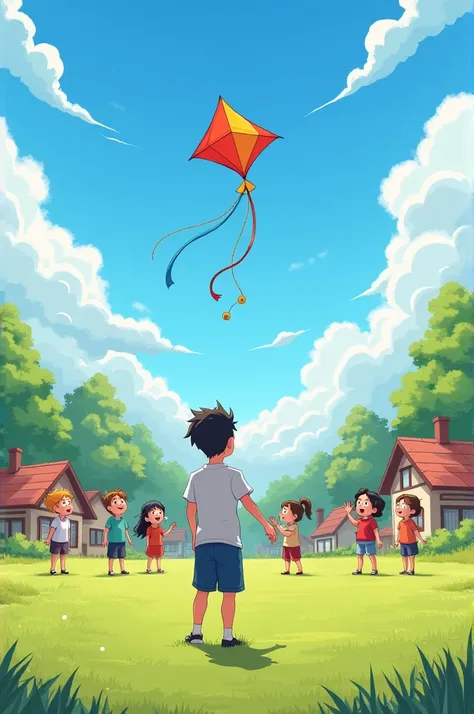 A sunny afternoon in the village. One boy is in an open field, flying a colorful kite that soars high into a clear blue sky. A group of ren watches with excitement, clapping and cheering. The village homes and trees form a charming backdrop.
