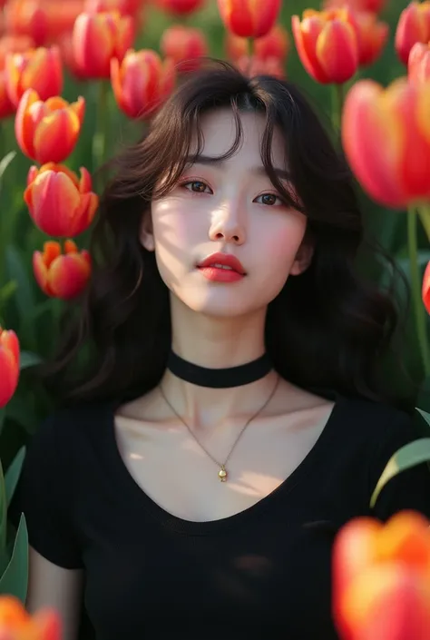 1 beautiful Korean chick , cute face, 18 years old, wearing a black t-shirt,  wearing a black choker necklace,  long hair Curly wears bangs,medium laying on tulips 