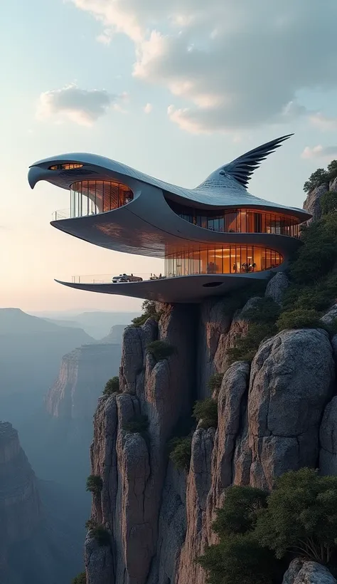 "A sleek architectural design inspired by the fusion of a falcon and a house, with the falcons body forming the structure of the home. The wings are extended outward, acting as sloping, aerodynamic roofs, while the tail feathers create a cascading terrace ...