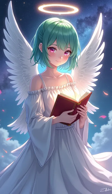   beautiful angel character ： petite angel in Korean style cosplay 、  white feathers on his back  、 Shorthair with green hair、 Ring of Angels Overhead 、 Pink eyes shining  、 My smile is kind  、 A spectacular universe in the background  。  holding a glowing...