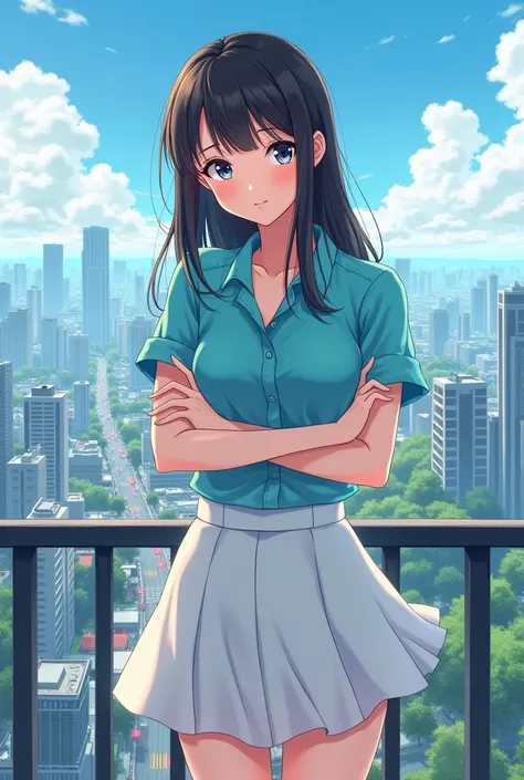 Anime girl with cyan shirt and white short flared skirt have medium breast is crossing arms and looking to the camera in railing at morning. The city is under the railing 