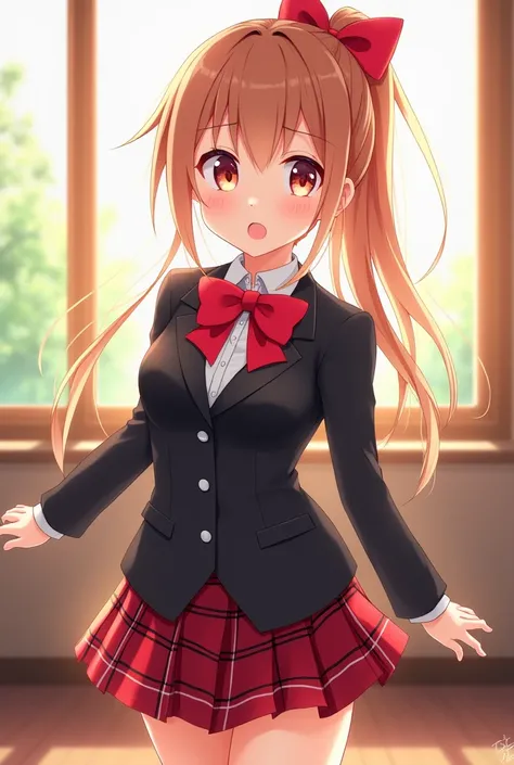   a female anime character wearing a school uniform .  The uniform consists of a black blazer , white shirt,  red bow tie , and a red plaid skirt .  This character has long hair tied with a large red ribbon .  The background is a room with a large window t...