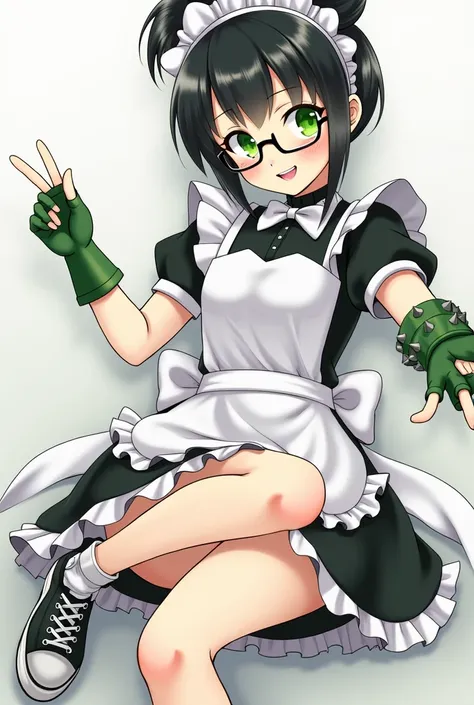 highres,   sharp focus,  pixiv masterpiece , ((detalles intrincados)),  crotch , Yuri Alfa, 1 girl,  Black hair, (green bracelet, Green Gauntlets,  studded sneakers,:1.1) glasses,  green eyes, maid,  unique hair bun, dress, choker, pajarita, maid apron, 