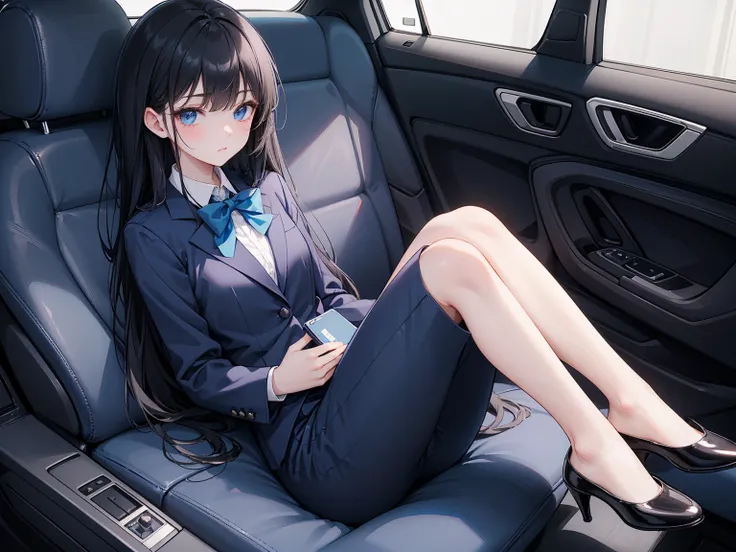    High School Students   ， already,  dark haired ， With warm blue eyes     ，  wears a brand new blue suit and black heels ，   Pure white collar and bright green bow   。 has long  dark haired and warm blue eyes ，  leaning back in the car seat  ，  Stunning ...