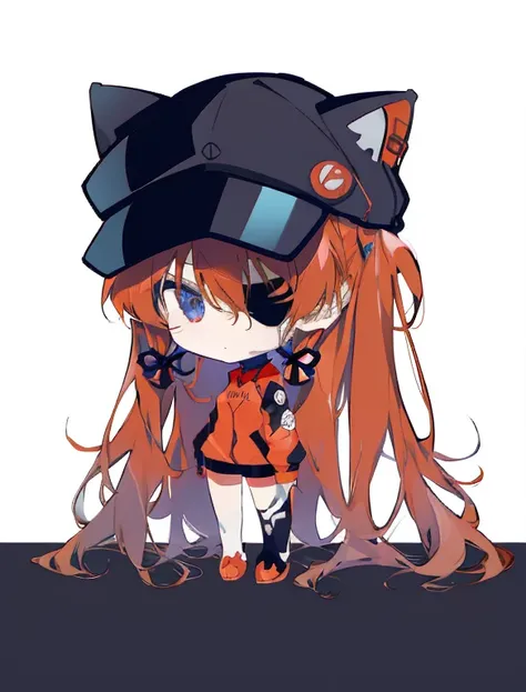  top quality、Very detailed、 anatomically correct、 Neon Genesis Evangelion 、 Shikinami Asuka Langley、 red plug suit 、 eye patch（Cat hat、black）cute、Chibi