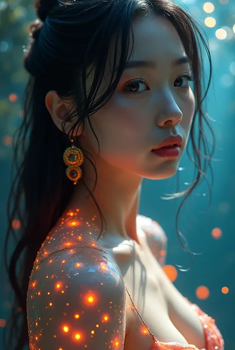 Ultra realistic capture18 K  RAW photos, top quality, masterpiece,reality, text, very beautiful woman, Korean model beautiful sexy woman, medium breast, cleavage , shiny skin ,rainbow,28 years old, Model body type , clothes made of light particles ,transpa...