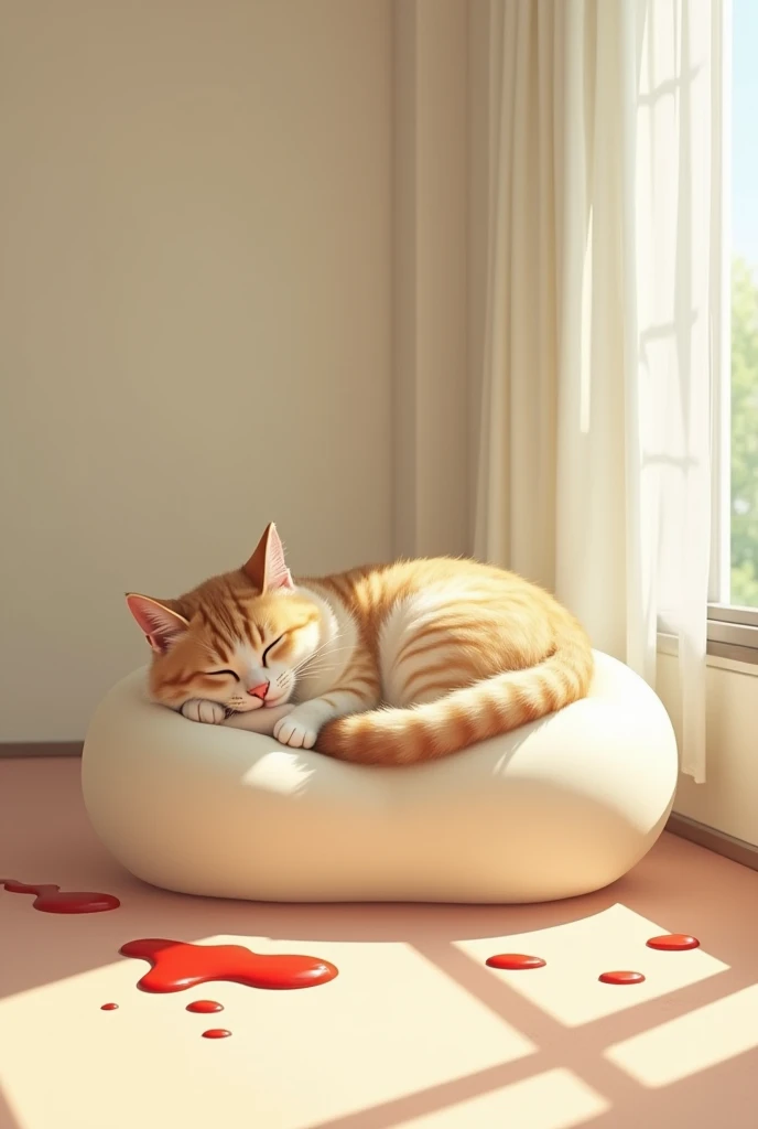 Cat sleeping on an egg futon
Ketchup is also sprinkled on it