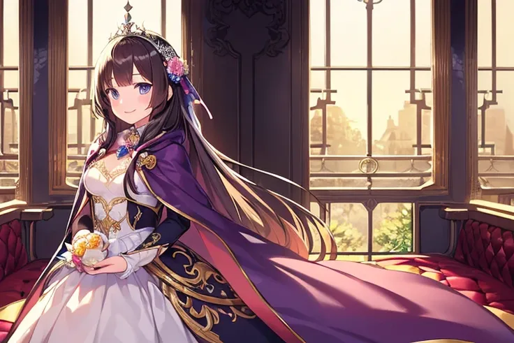 (solo), kawaii, masterpiece, best quality, rococo style gown, (long train dark purple cape:1.15), (long train white ball gown:1.1), (long train skirt:1.1), gown with flower decorations, a princess is wearing a long cape over her gown, 1 little princess, ti...