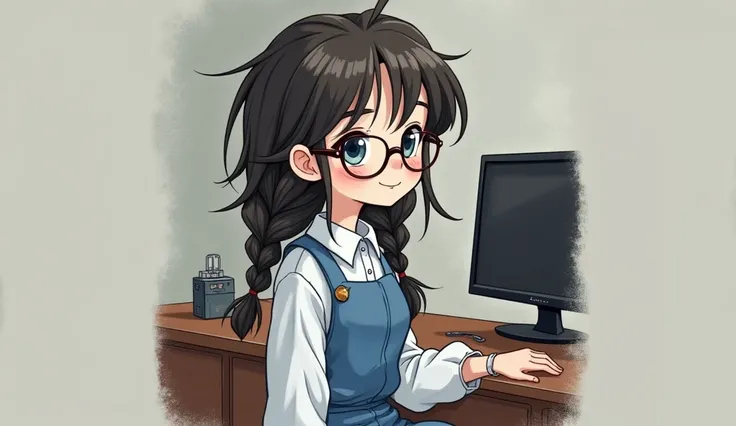 Take a cute but cute face wearing glasses, a cute offbeat girl sitting down to make up for a braided granny