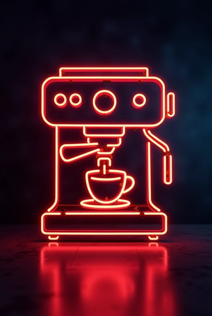 A neon espresso machine sign outline, detailed with glowing buttons, a portafilter, and a cup being filled.