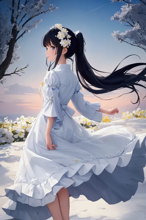  girl is watching the weather with a shining expression as seen from the right、 back view、New、Blue 、White clothes、  full body photo 、 top 、A cute anime-style young girl with long black hair in a ponytail, adorned with flower accessories and ribbons, She we...