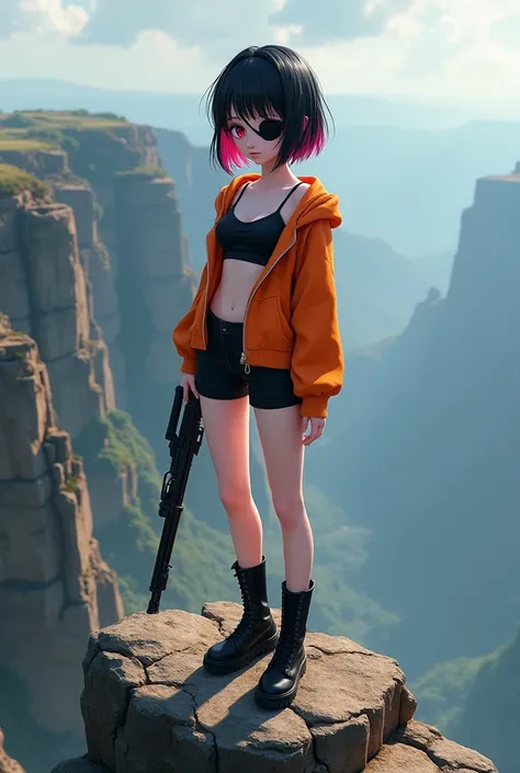  Detailed hyperrealistic petite anime girl with red eyes   , short black hair with pink lines  ,  long bangs  , slim , tight black shorts  , open orange sweater without bra black  ,  long black boots  ,  standing on the edge of a cliff,  shotgun on the rig...