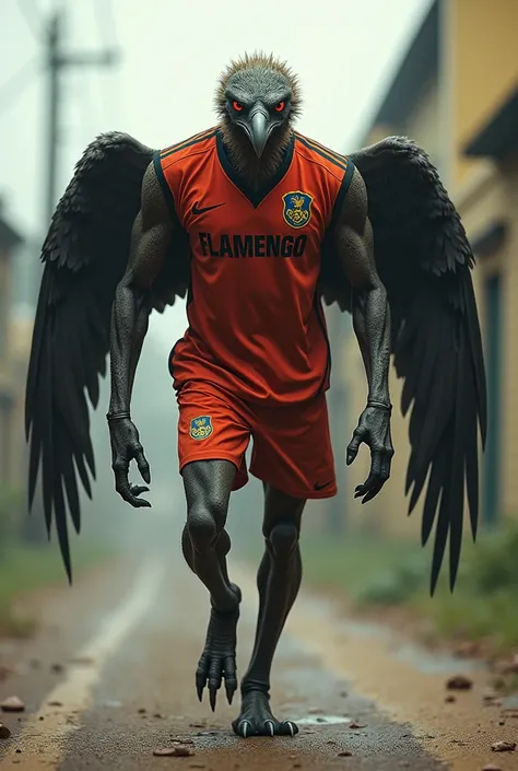 Strong mutant vulture walking like a human dressed in the Flamengo teams blouse 