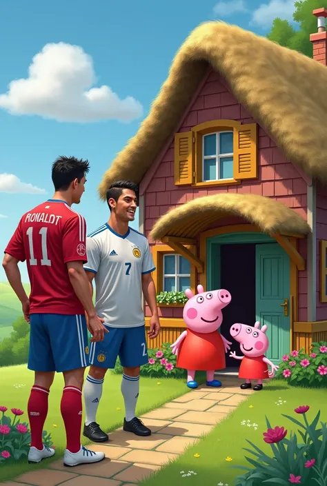 Cristiano Ronaldo and Lionel Messi visited peppa pigs house (photo realism)