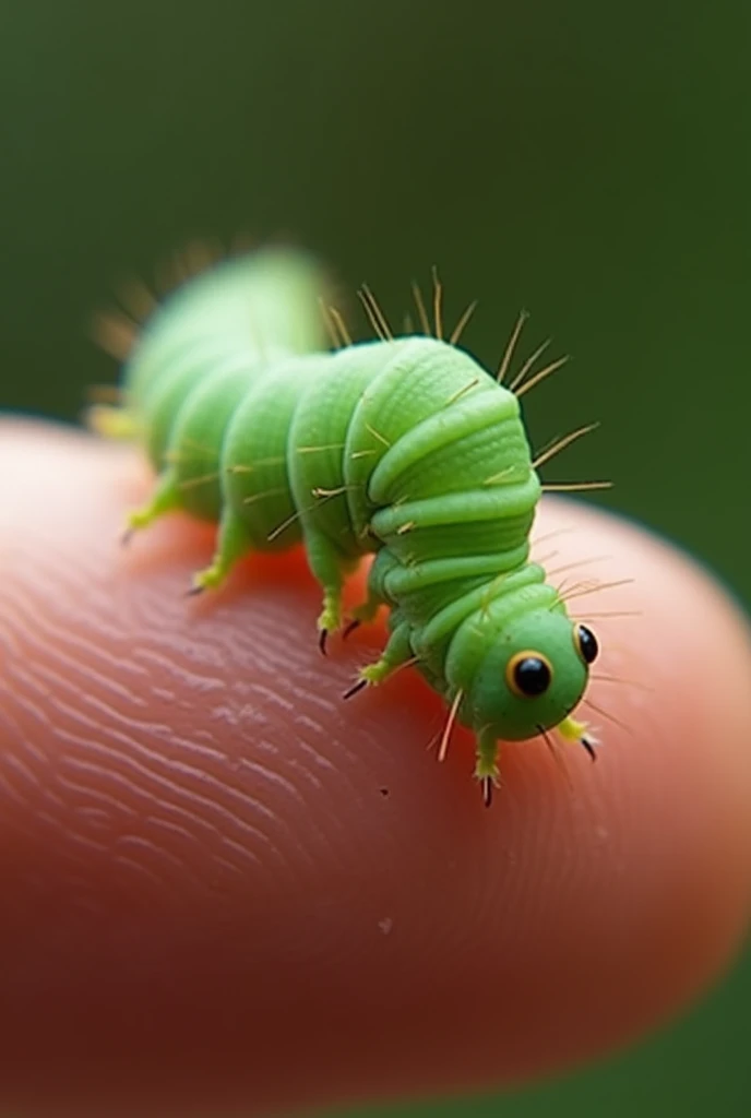 A bright green caterpillar inching its way across a person’s finger