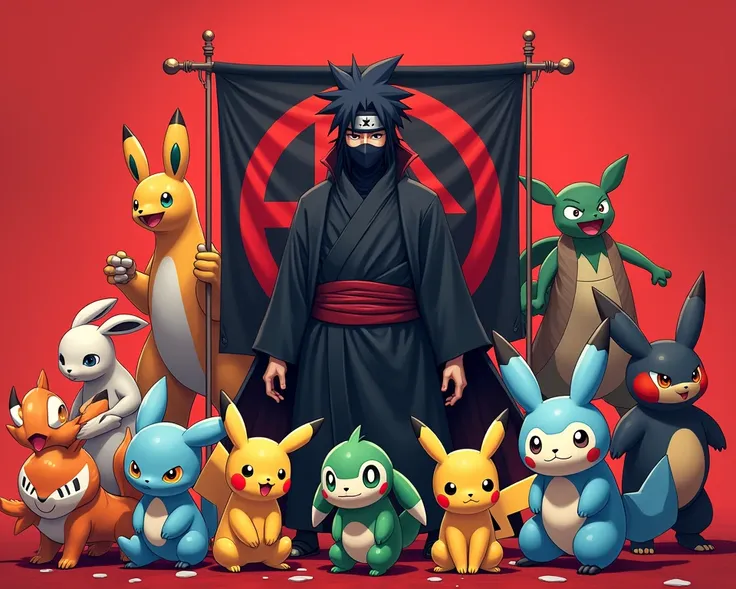 Pokemons with red background and madara on the banner side