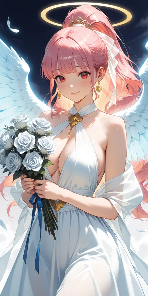 intricate, master peace, best quality, very aesthetic, best illustration,a beautiful anime girl a art style, solo, ((ponytail hair):1.5), pink hair, red eyes, blunt bangs, large breasts, ((glamorous body)), realistic, A beautiful anime-style illustration o...