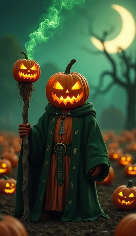 A cinematic realistic image of an anthropomorphic pumpkin as a mystical shaman. The pumpkin wears a robe with glowing runes and carries a wooden staff topped with a carved pumpkin head emitting green mist. The background shows a haunted pumpkin patch under...