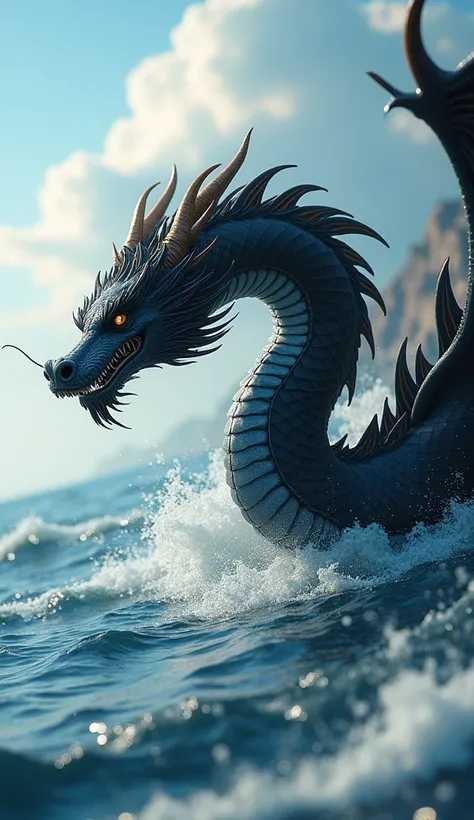 ((masterpiece,  top quality,  the highest image quality  ,  high resolution, Realistic,  original photo,  extremely detailed CG unified 8K wallpaper)), Sea，Above sea level，A black Chinese dragon ，nail