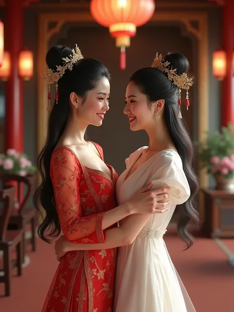 Two beautiful dark-haired Asian women, both in their 25s, one wearing a red Chinese traditional dress and the other a white Chinese traditional dress, with gold tiaras on their heads. The woman wearing the red Chinese dress is a head taller than the other ...