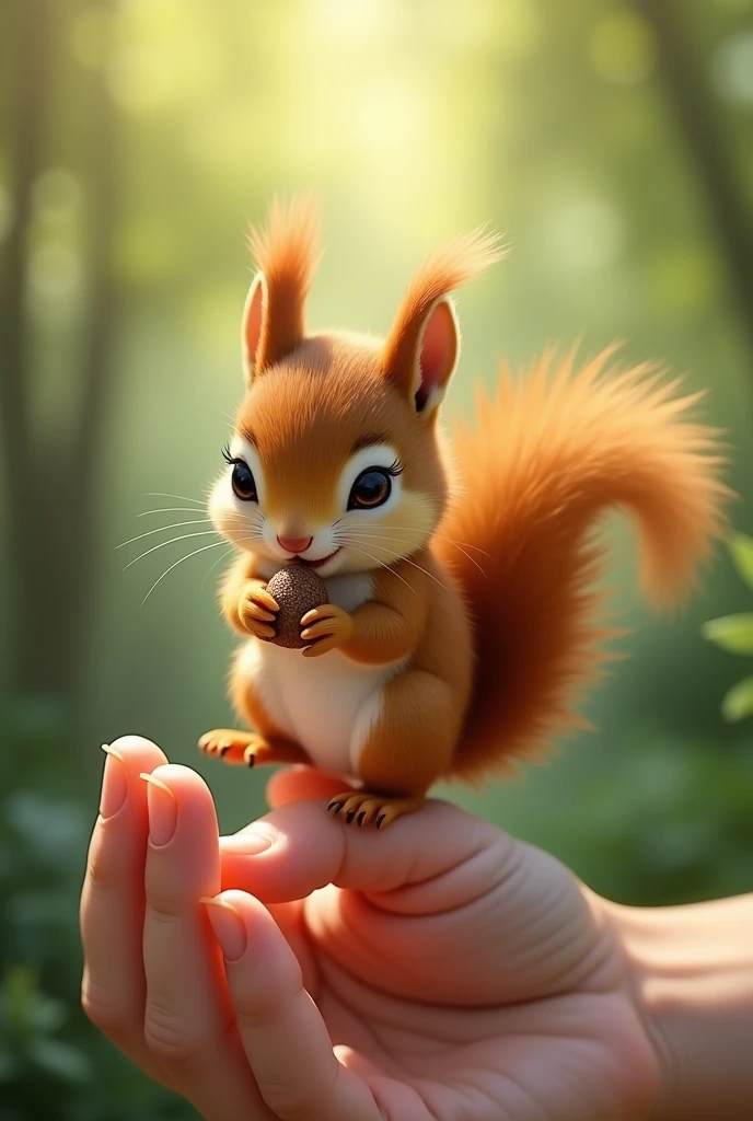 A baby squirrel sitting on a person’s finger, nibbling on a tiny nut