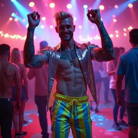 Create a young Matthew Noszka  ,muscular,  very white skin  ,  blonde hair quiff cut  , short square-cut beard  ,  with blue and black tattoos up to the neck  ,  standing happily dancing with hands raised in a nightclub the background is full of colored li...