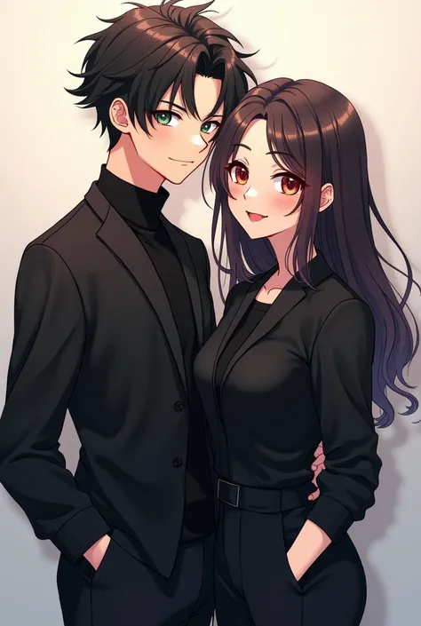 Cool Anime couple wearing black front view smiling