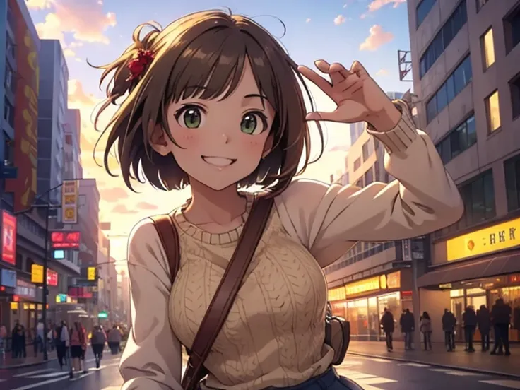 woman, cheerful grin, waving at the camera, looking at viewer, short hair, brown hair, green eyes, slim, beautiful breasts, sweater, mini skirt, hair ribbon, thighhighs, waist pouch, 20-year-old, in the city, with a rainbow, with a flower, in the evening, ...