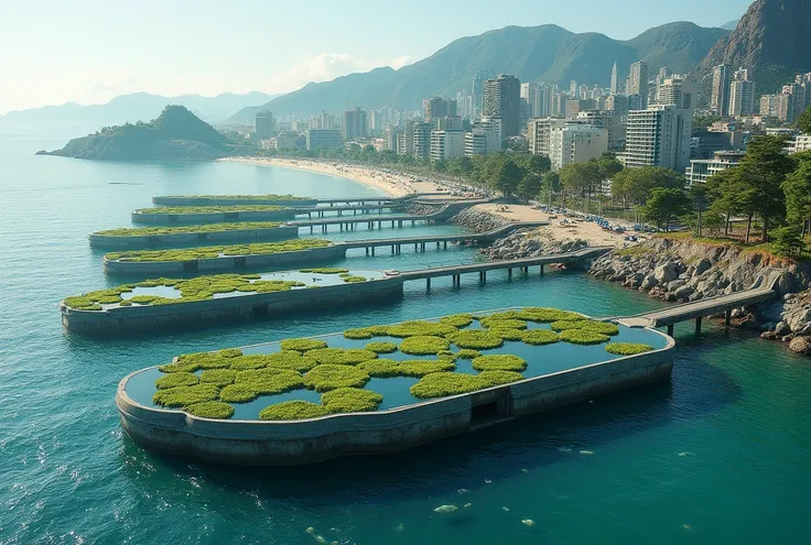 a city coastal gem known for its groundbreaking aquaculture practices, structures with farming of different aquatic species together, mimicking natural ecosystems