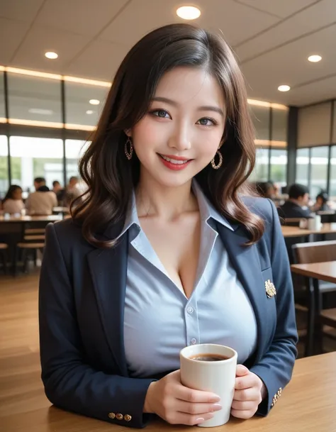 ( A very beautiful Korean wife with dark hair takes a commemorative photo with coffee at the cafe:1.3)(smile:1.2)( elegant )(16k,  RAW photos ,  top quality, masterpiece: 1.2),(Shiny wavy red hair fluttering in the wind)  super detailed,  super resolution,...