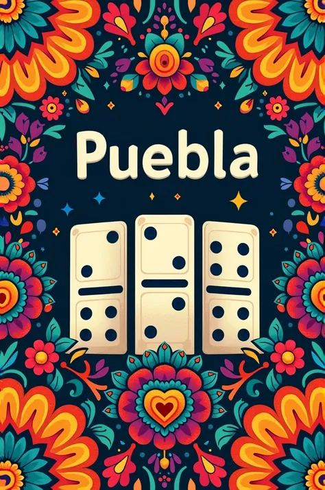 Create an image with colorful folk patterns and a central image that shows dominoes with the Word PUEBLA in front of it"."
Design:  Letters with traditional patterns ,  poster, a large dominoes in the center ,  and vibrant colors  
